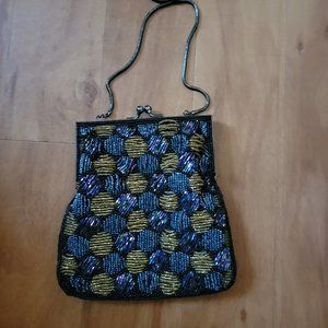 Vintage Sparkly Beaded Handbag Purple Black and Mustard Yellow Woven Metal Strap